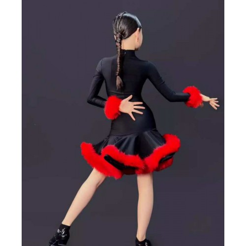 Black velvet with red feather rose flowers latin dance dresses for girls kids salsa rumba chacha latin stage performane skirts for children